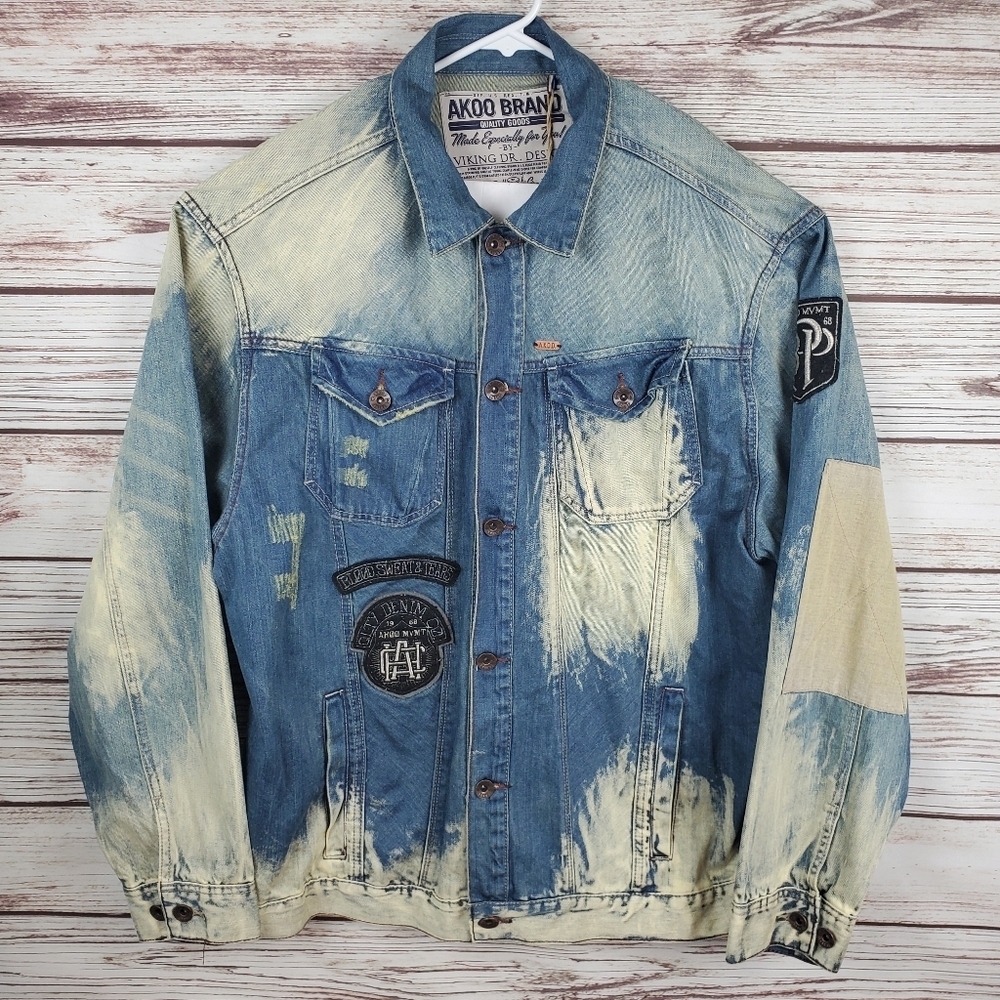 NWT AKOO Brand Mens 3XL Denim Jean Trucker Jacket w/ Patches